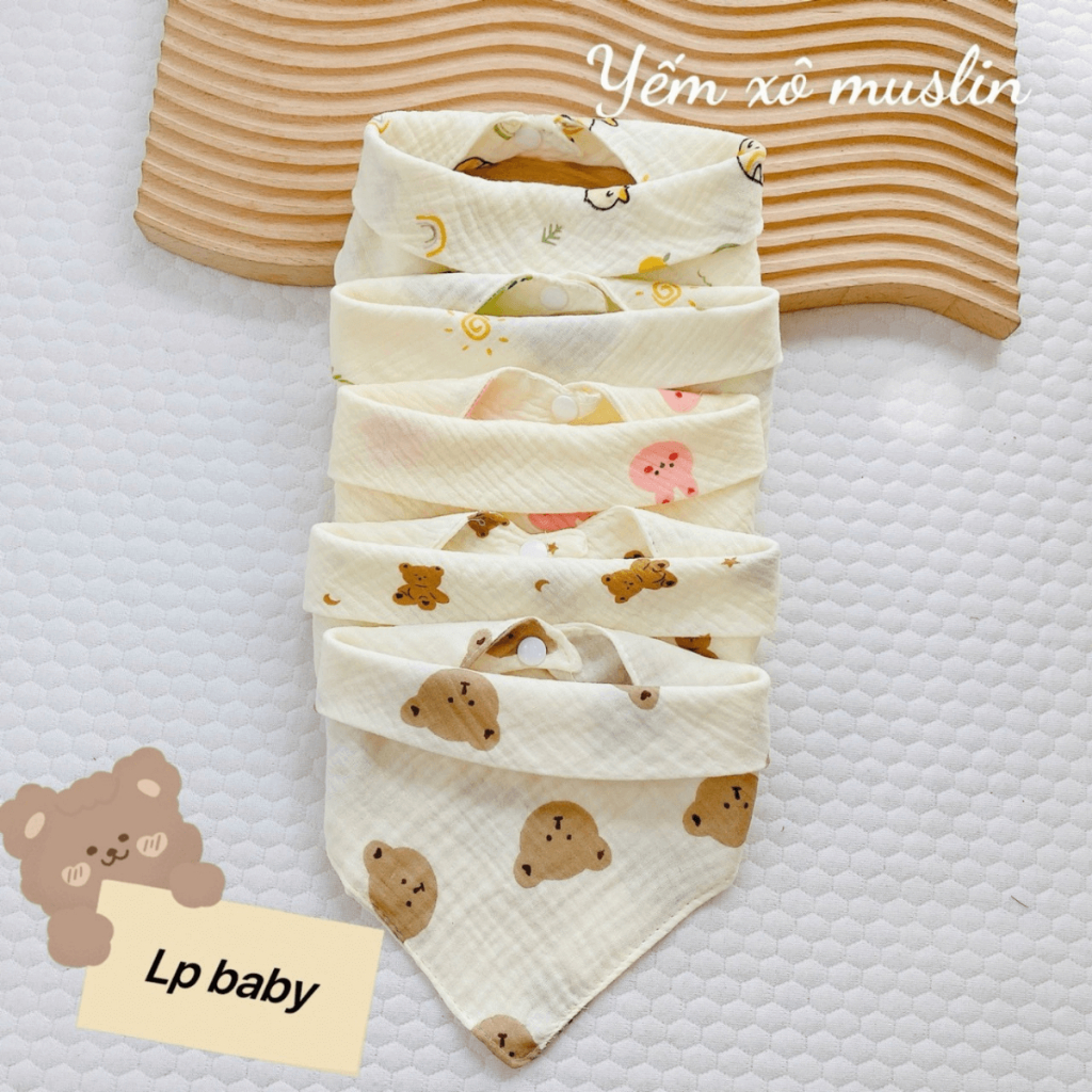 Set 5 Yếm xô Muslin Lp in họa tiết cho bé - 4 lớp cao cấp, mềm mại và đáng yêu cho bé Đậu Đậu Store Set 5 Yếm