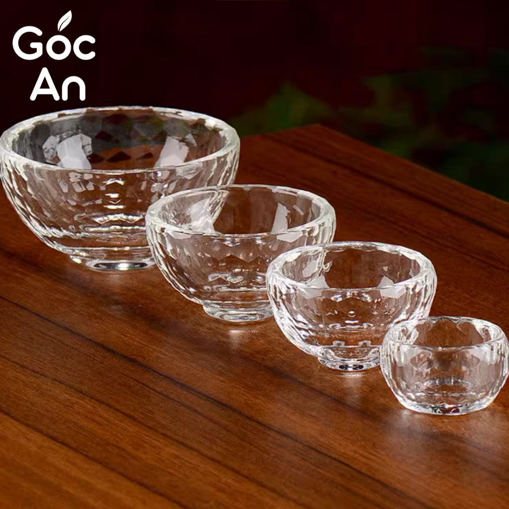 Bộ Chén Nước Cúng Dường Góc An Thủy Tinh Cao Cấp, Đồ Thờ Cúng Phật Giáo, Trang Trí Phong Thủy