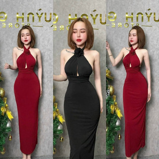 váy body cổ yếm đính hoa xuông dài sang chảnh ( video shop quay thật )