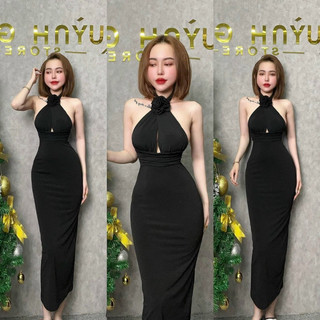 váy body cổ yếm đính hoa xuông dài sang chảnh ( video shop quay thật )