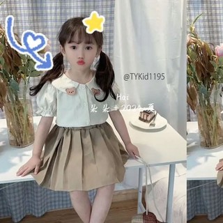 Quần áo trẻ em, Quần áo hè bé gái phong cách Hàn, set áo sơ mi gấu be và chân váy xếp ly cho bé 9-27kg S1195 Tiểu Yến KI