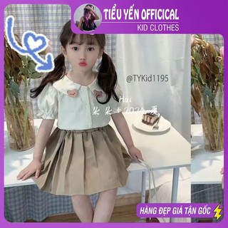 Quần áo trẻ em, Quần áo hè bé gái phong cách Hàn, set áo sơ mi gấu be và chân váy xếp ly cho bé 9-27kg S1195 Tiểu Yến KI