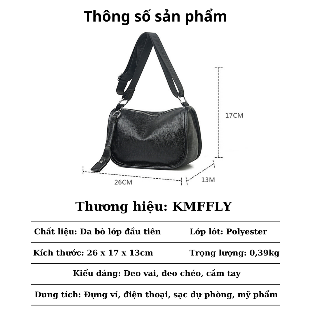 Túi đeo chéo đeo vai túi xách nữ màu đen da bò BCV-TNU05 chính hãng KMFFLY phong cách thời trang trẻ trung thanh lịch