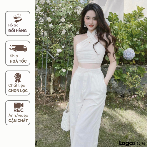 Set yếm nữ màu trắng sang chảnh, set áo yếm &amp; quần ống suông, bộ yếm ...