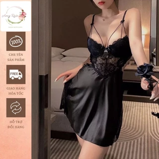 Váy ngủ hai dây satin, Đầm ngủ sexy lụa có mút  gọng ngực phối ren gợi cảm