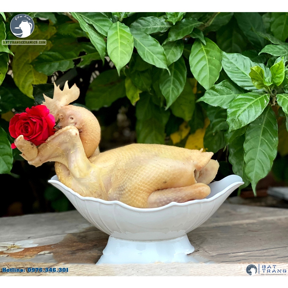 Bát thuyền đựng gà cúng nguyên con, hoa quả nhựa pcc trắng dày cao cấp