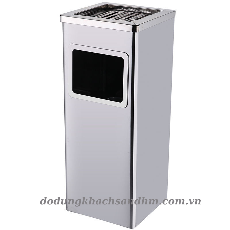 Thùng rác inox vuông có gạt tàn thuốc A34, thùng rác sảnh lễ tân khách ...