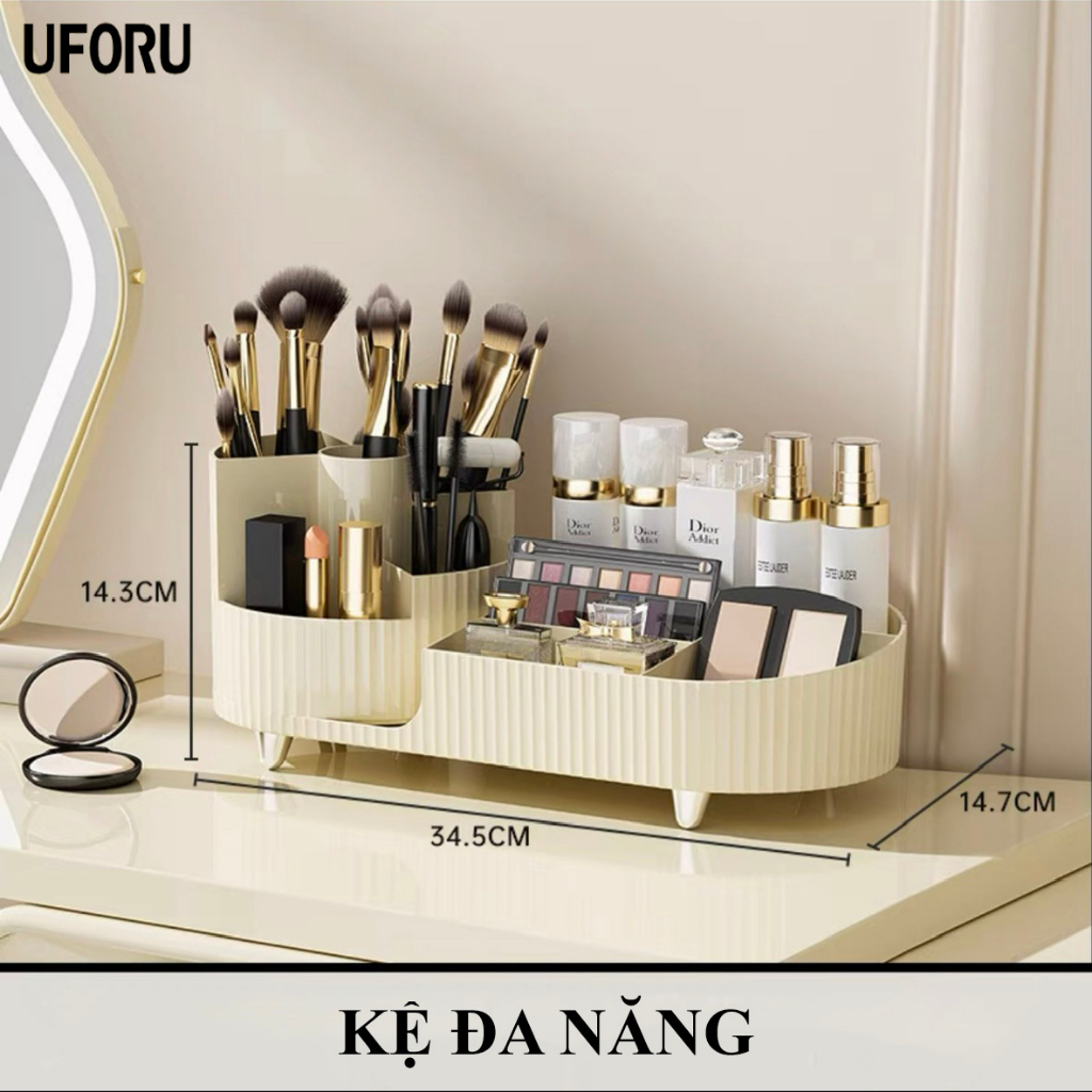 Kệ đựng mĩ phẩm đồ trang điểm để bàn đa năng xoay 360 tiện dụng màu kem phong cách tối giản sang trọng cao cấp | BigBuy360 - bigbuy360.vn