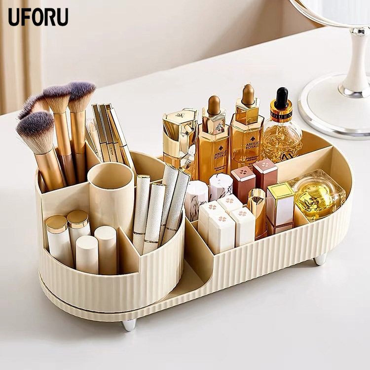 Kệ đựng mĩ phẩm đồ trang điểm để bàn đa năng xoay 360 tiện dụng màu kem phong cách tối giản sang trọng cao cấp | BigBuy360 - bigbuy360.vn
