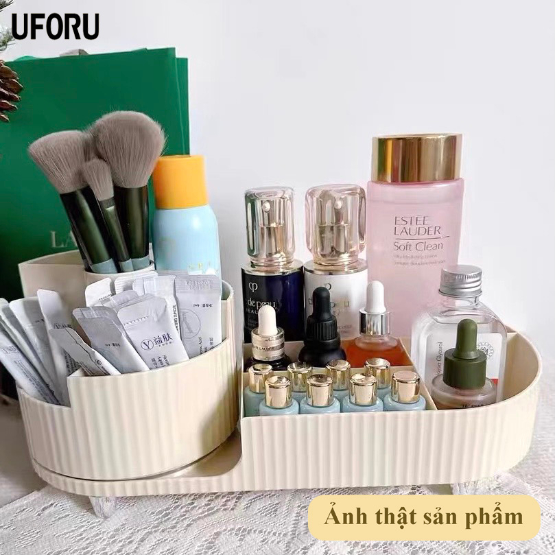 Kệ đựng mĩ phẩm đồ trang điểm để bàn đa năng xoay 360 tiện dụng màu kem phong cách tối giản sang trọng cao cấp | BigBuy360 - bigbuy360.vn