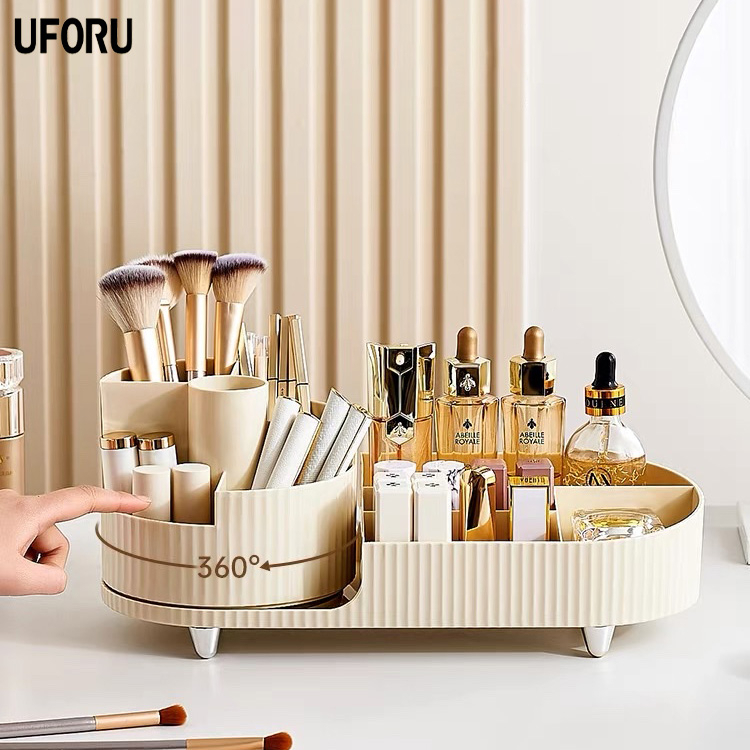 Kệ đựng mĩ phẩm đồ trang điểm để bàn đa năng xoay 360 tiện dụng màu kem phong cách tối giản sang trọng cao cấp | BigBuy360 - bigbuy360.vn