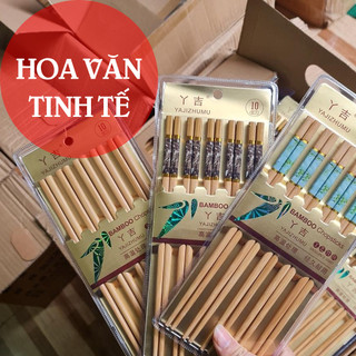 Vỉ 10 đôi Đũa ăn cơm tre cao cấp Yajizhumu kháng khuẩn nhiều hoạ tiết