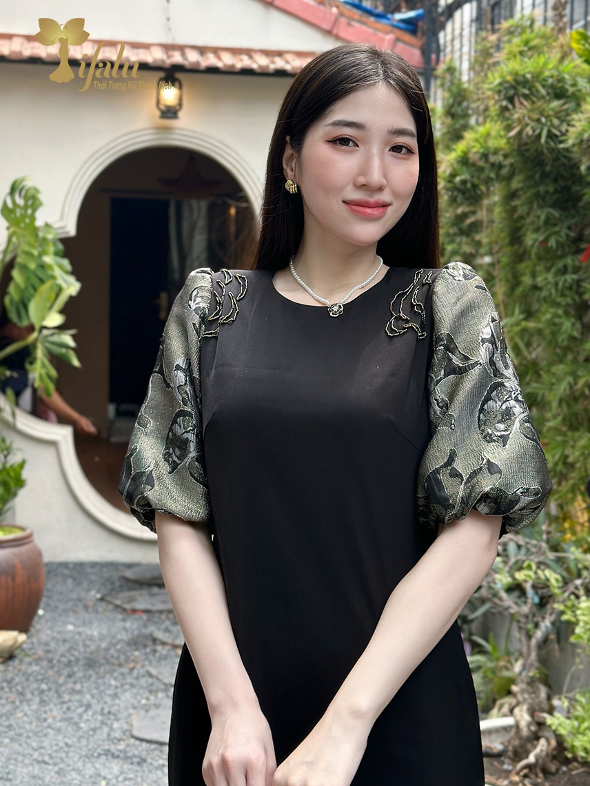 Ảnh Đầm dự tiệc trung niên Zol by TIFALU dáng suông màu đen sang trọng - ZOL319BLK 2