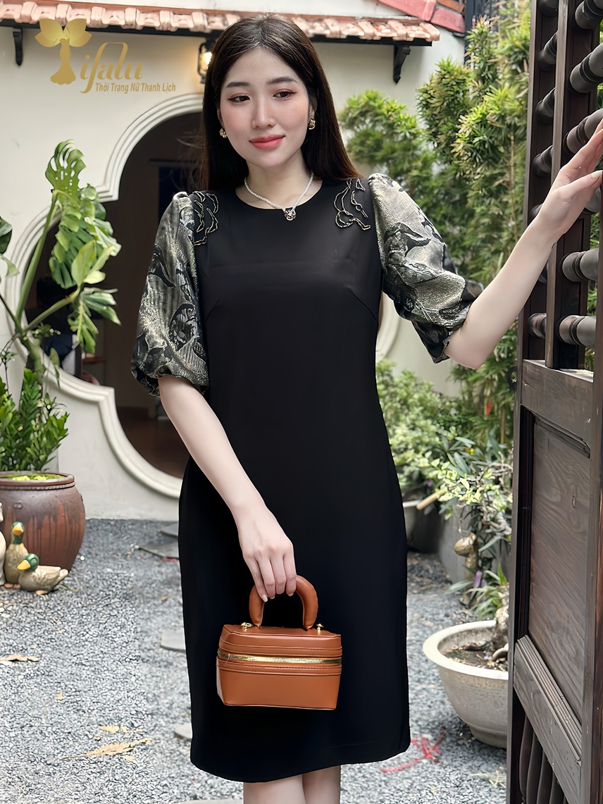Ảnh Đầm dự tiệc trung niên Zol by TIFALU dáng suông màu đen sang trọng - ZOL319BLK 3
