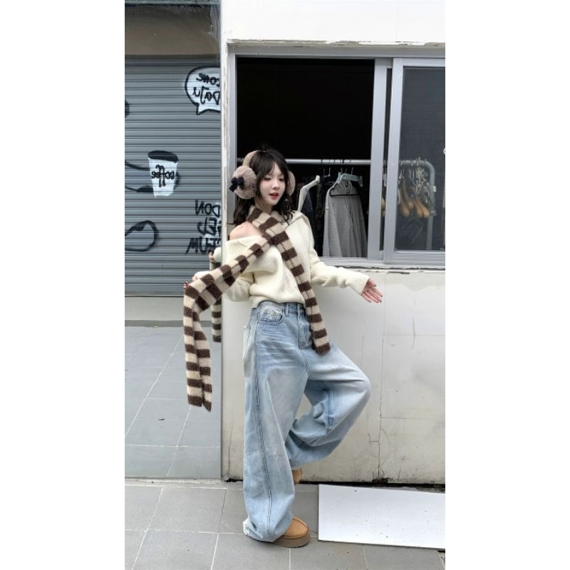 M.H jean ống đứng retro, quần ống rộng lưng cao nữ, quần dài xếp tầng, quần dài dáng rộng đầu xuân