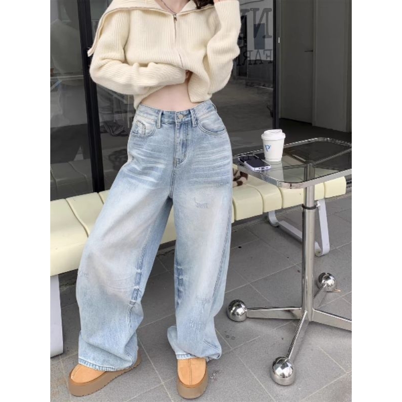 M.H jean ống đứng retro, quần ống rộng lưng cao nữ, quần dài xếp tầng, quần dài dáng rộng đầu xuân