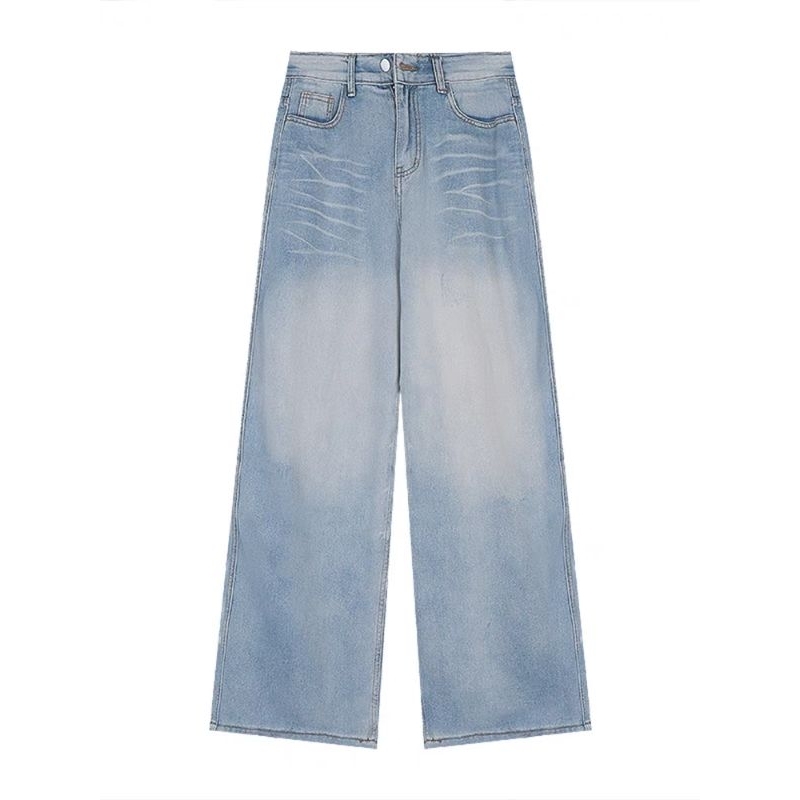 M.H jean ống đứng retro, quần ống rộng lưng cao nữ, quần dài xếp tầng, quần dài dáng rộng đầu xuân