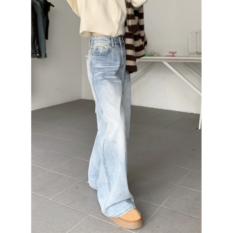 M.H jean ống đứng retro, quần ống rộng lưng cao nữ, quần dài xếp tầng, quần dài dáng rộng đầu xuân
