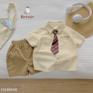 Bộ sơ mi kèm cavat trơn màu cá tính cho bé, set sơ mi cộc dáng basic phối quần kaki sành điệu