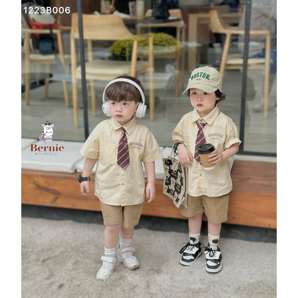 Bộ sơ mi kèm cavat trơn màu cá tính cho bé, set sơ mi cộc dáng basic phối quần kaki sành điệu