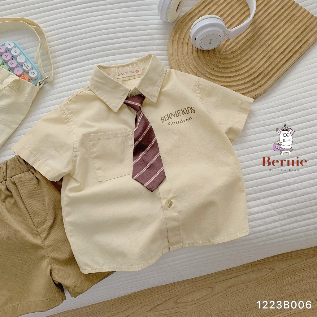 Bộ sơ mi kèm cavat trơn màu cá tính cho bé, set sơ mi cộc dáng basic phối quần kaki sành điệu