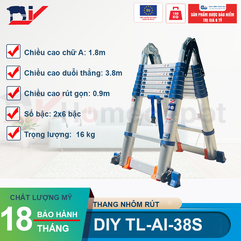 Thang nhôm rút đôi DIY TL-AI-38S chiều cao sử dụng tối đa chữ A 1.8m chữ I 3.8m - Hàng chính hãng - Bảo hành 18 tháng