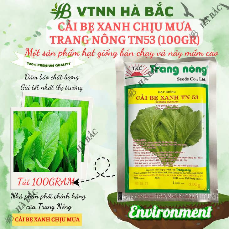Cải Bẹ Xanh Chịu Mưa TRANG NÔNG TN53 (100gr), hạt giống nảy mầm tốt, năng suất cao, trông quanh năm - Hạt giống Hà Bắc