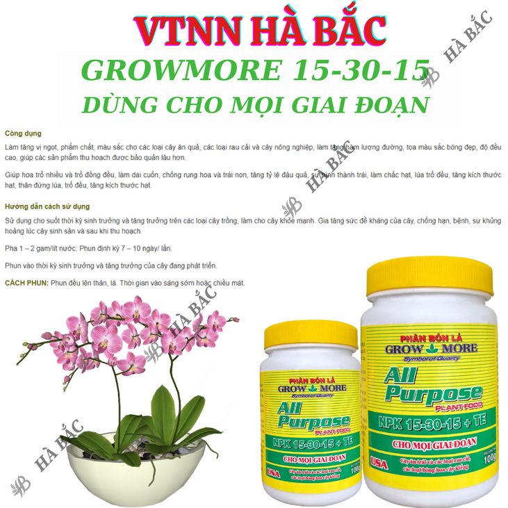 Phân bón lá Growmore (hũ 100gram) tốt cho mọi giai đoạn cây trồng, đủ các chỉ số 30-10-10; 20-20-20; 10-55-10; 6-30-30