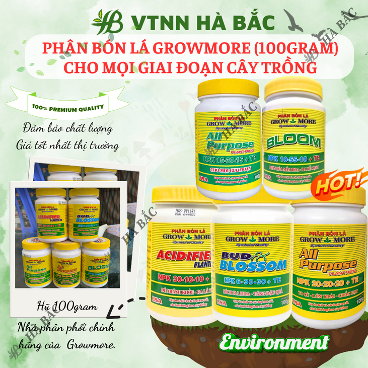Phân bón lá Growmore (hũ 100gram) tốt cho mọi giai đoạn cây trồng, đủ các chỉ số 30-10-10; 20-20-20; 10-55-10; 6-30-30