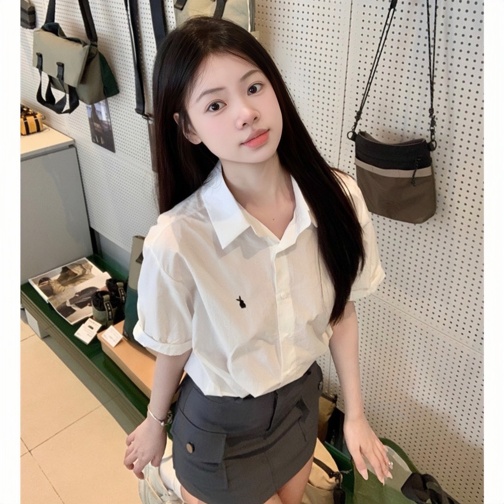 Áo sơ mi nữ form rộng thêu kiểu chất thô đũi , áo sơ mi nữ ngắn tay ulzzang vintage phong cách hàn quốc cáo cấp