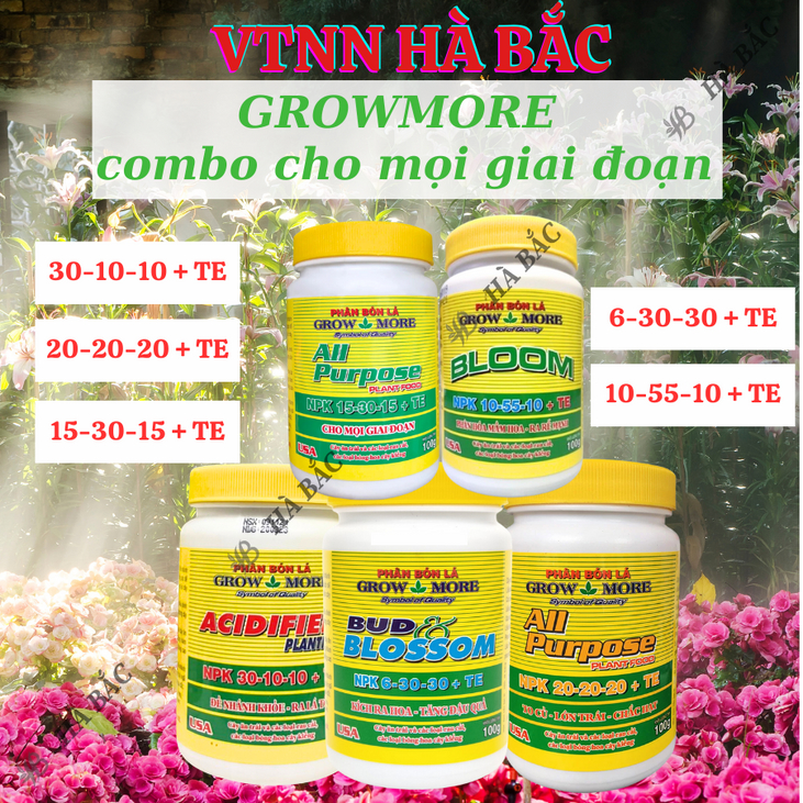 Phân bón lá Growmore (hũ 100gram) tốt cho mọi giai đoạn cây trồng, đủ các chỉ số 30-10-10; 20-20-20; 10-55-10; 6-30-30