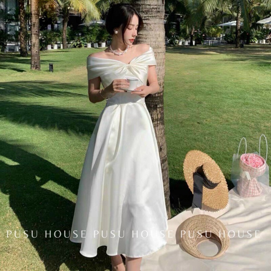 [ HÌNH CHỤP THẬT 100%]Đầm tiểu thư nơ trễ vai 2 màu đi tiệc