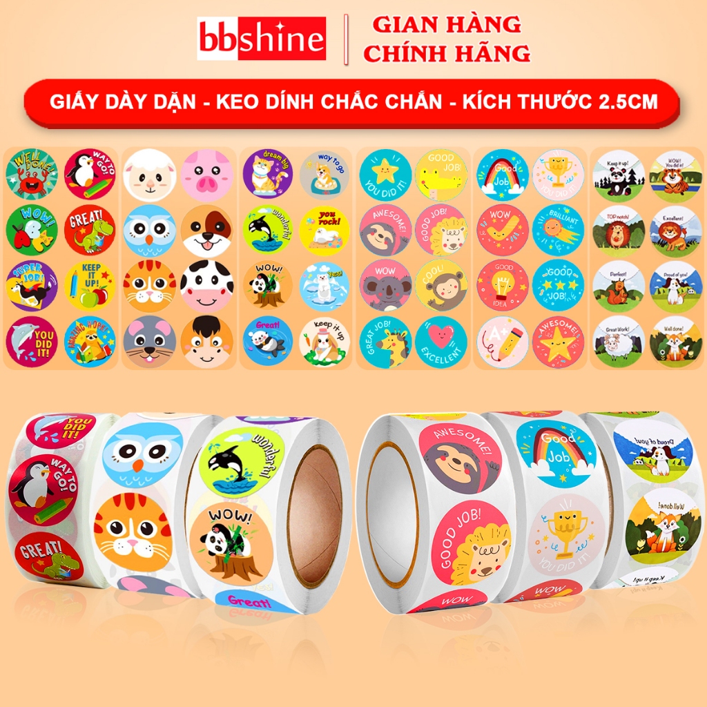 Sticker Khen Thưởng Khích Lệ Việc Học Tập Cho Bé Nhiều Hoạ Tiết Đáng Yêu (Cuộn 500 Sticker) BBShine – ST010