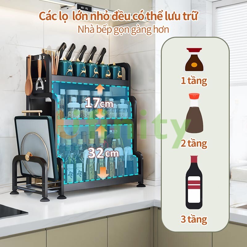 Lifinity Kệ Đựng Gia Vị Đa Năng-Thép Carbon Cao Cấp 2&3 Tầng, Có Gía Đựng Đũa & Gía Đỡ Thớt
