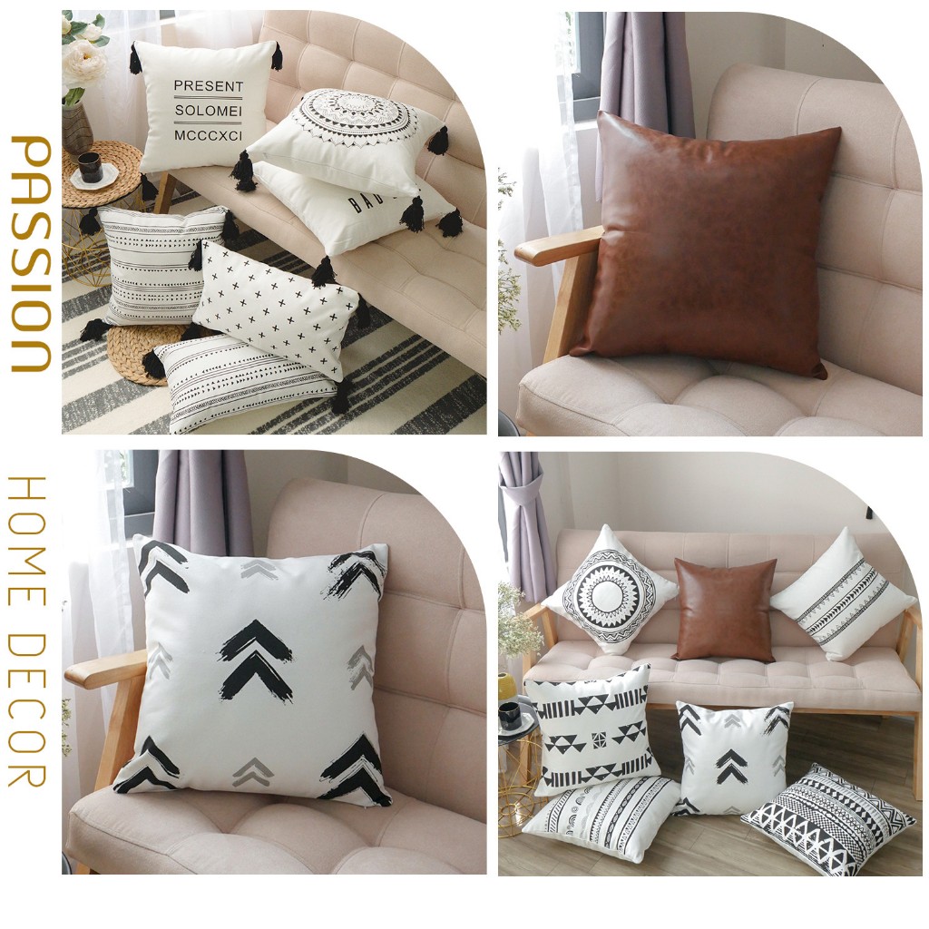 Vỏ Gối Tựa Lưng Sofa Họa Tiết Bohemian Trắng Đen Phong cách Châu Âu Sang Trọng