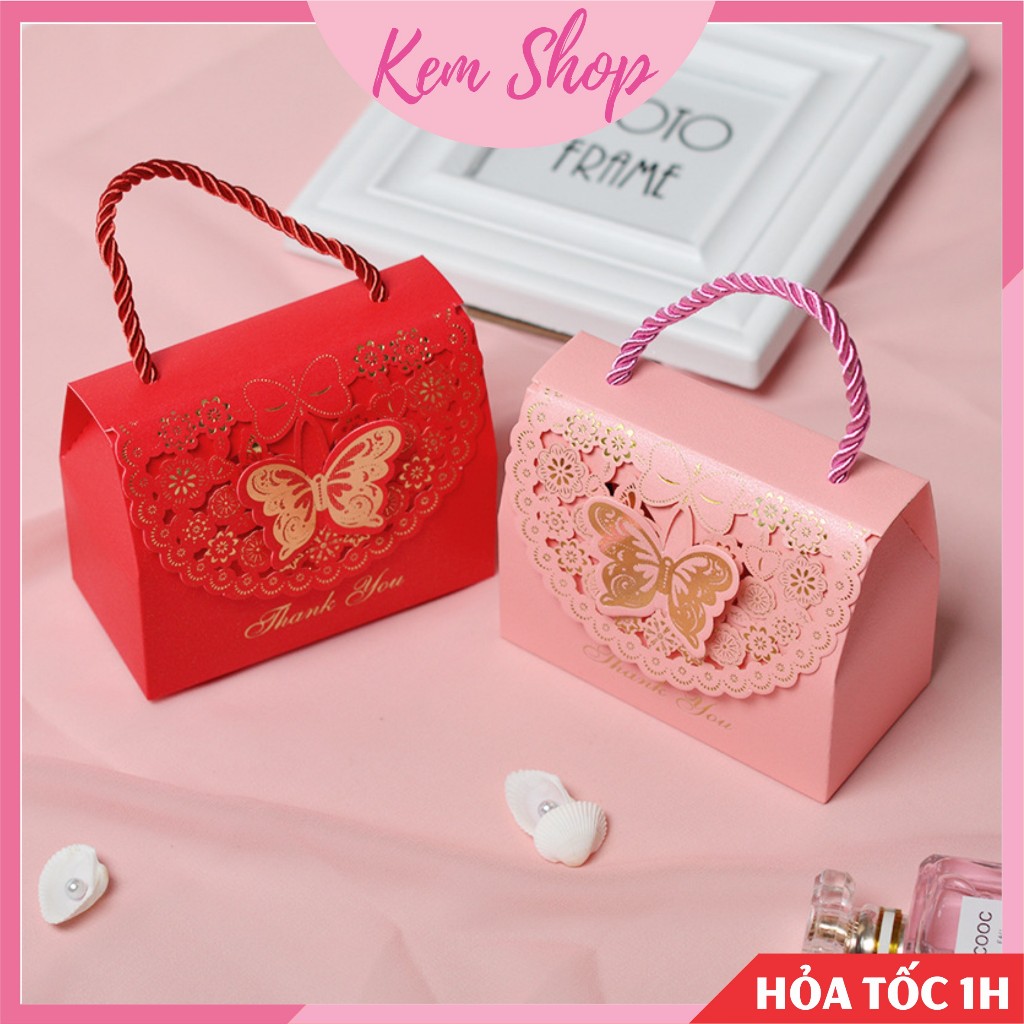 Hộp đựng quà tặng, bánh kẹo cưới có quai xách phong cách hiện đại - KemShop H1