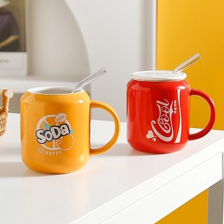 Cốc sứ uống nước nhiều màu kèm nắp và ống hút thủy tinh dung tích 400ml