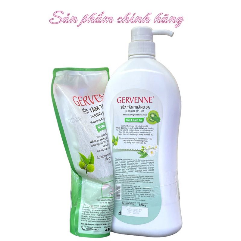 Sữa tắm Gervenne Kiwi và Bạch Trà 900g + Túi sữa tắm 450g