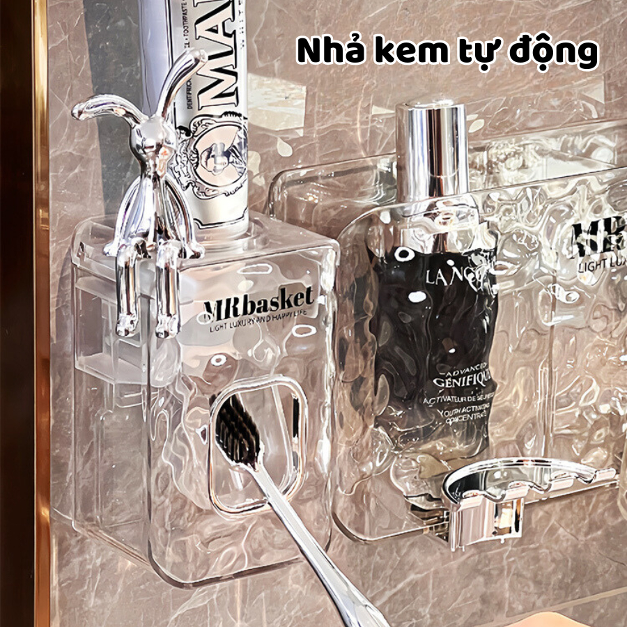Bộ Nhả Kem Đánh Răng, Kệ Treo Bàn Chải Kèm Cốc TRONG SUỐT Chất Liệu Nhựa Cao Cấp Dán Tường Nhà Tắm