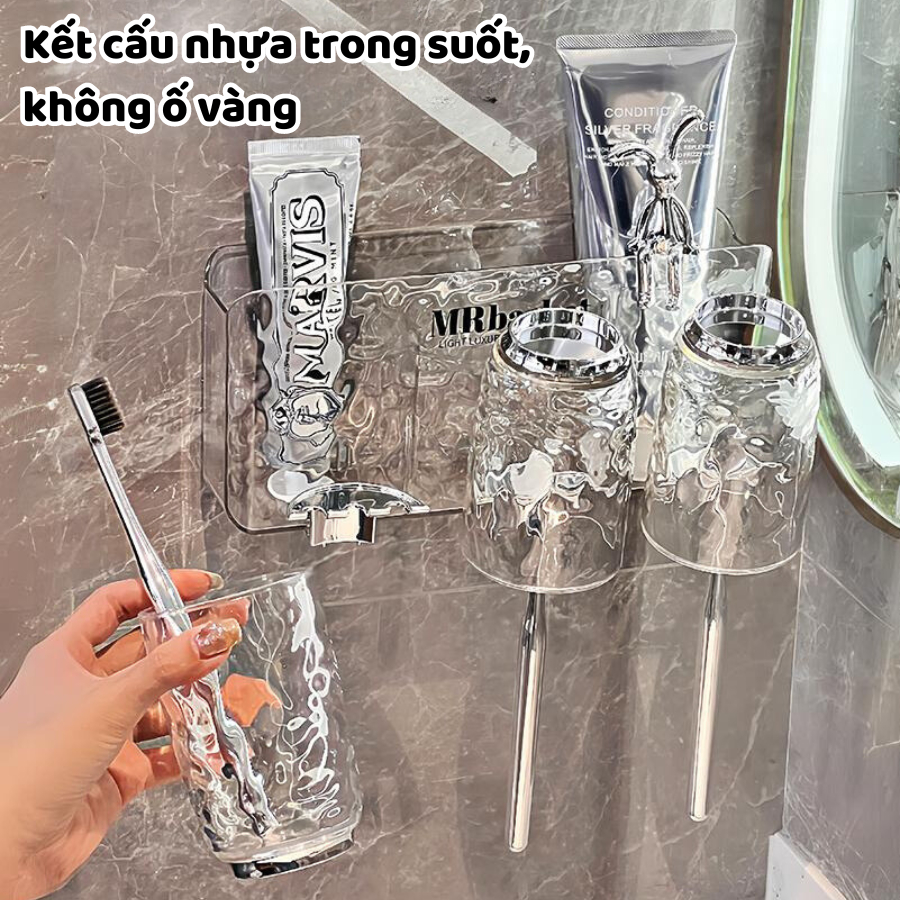 Bộ Nhả Kem Đánh Răng, Kệ Treo Bàn Chải Kèm Cốc TRONG SUỐT Chất Liệu Nhựa Cao Cấp Dán Tường Nhà Tắm