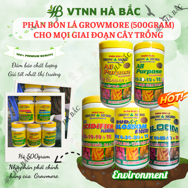 Phân bón lá Growmore (hũ 500gram) tốt cho mọi giai đoạn cây trồng, đủ các chỉ số 30-10-10; 20-20-20; 10-55-10; 6-30-30