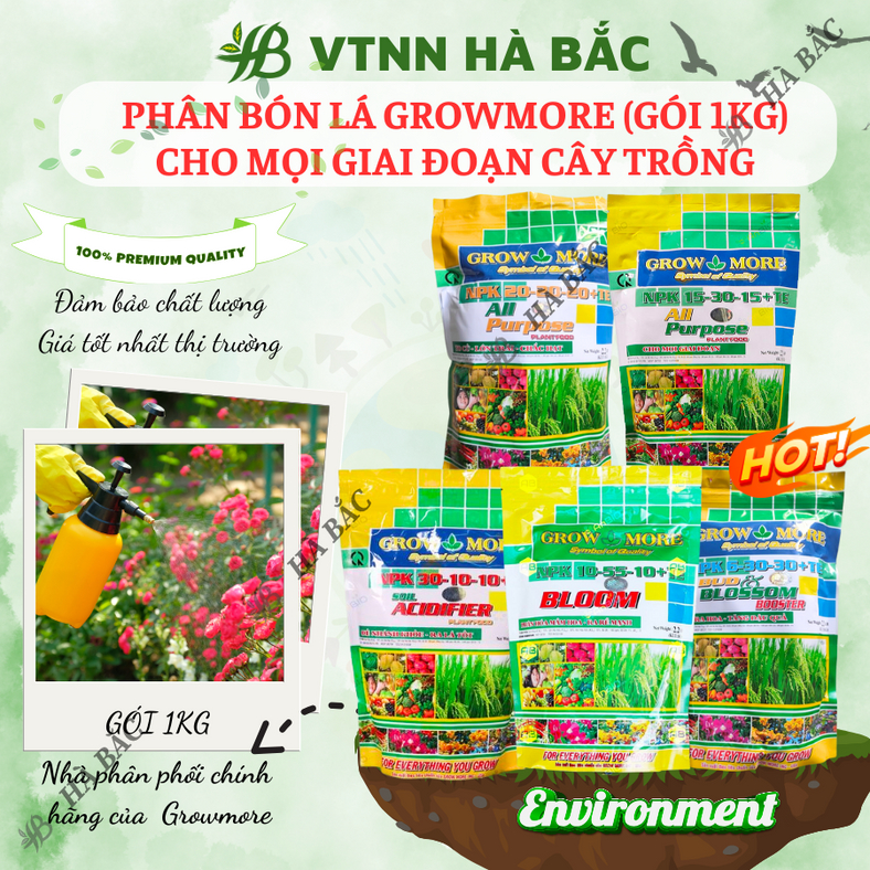 Phân bón lá Growmore (Gói 1KG) tốt cho mọi giai đoạn cây trồng, đủ các chỉ số 30-10-10; 20-20-20; 10-55-10; 6-30-30