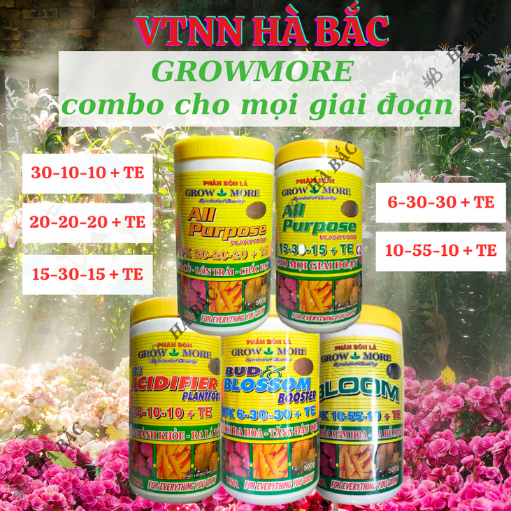 Phân bón lá Growmore (hũ 500gram) tốt cho mọi giai đoạn cây trồng, đủ các chỉ số 30-10-10; 20-20-20; 10-55-10; 6-30-30