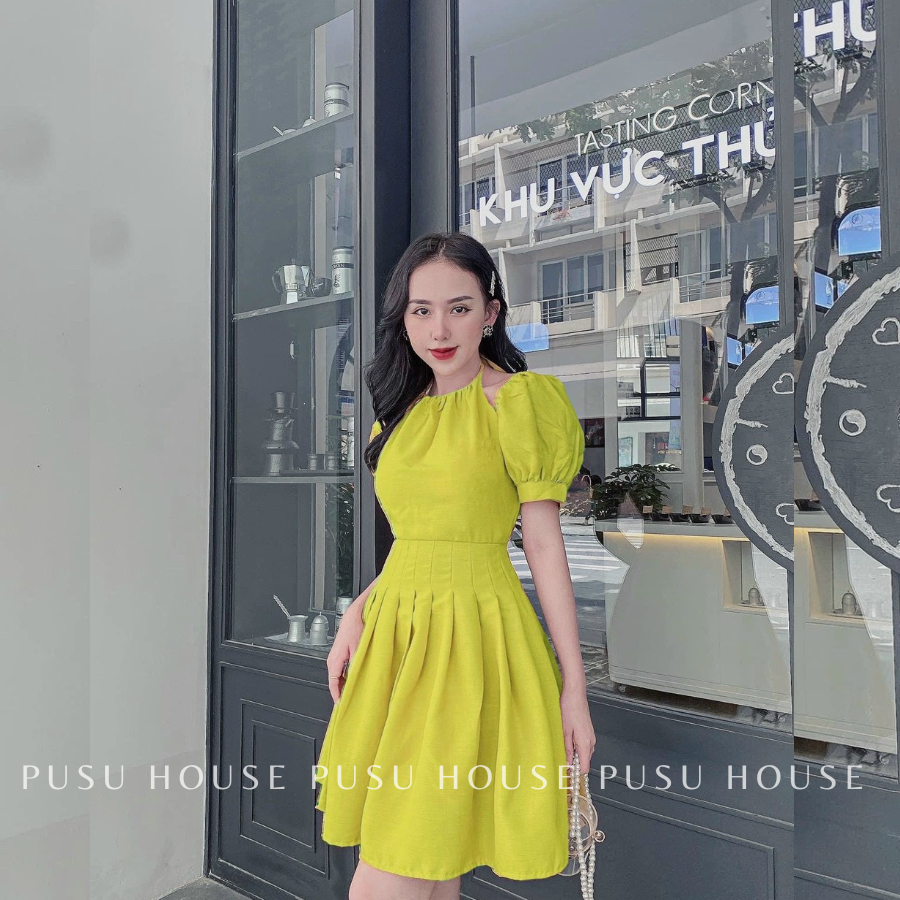 [ HÌNH CHỤP THẬT 100%]Váy Dự Tiệc Dạo Phố Cổ Yếm Tay Bồng tiểu thư mặc được 2 kiểu