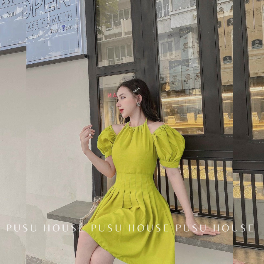 [ HÌNH CHỤP THẬT 100%]Váy Dự Tiệc Dạo Phố Cổ Yếm Tay Bồng tiểu thư mặc được 2 kiểu