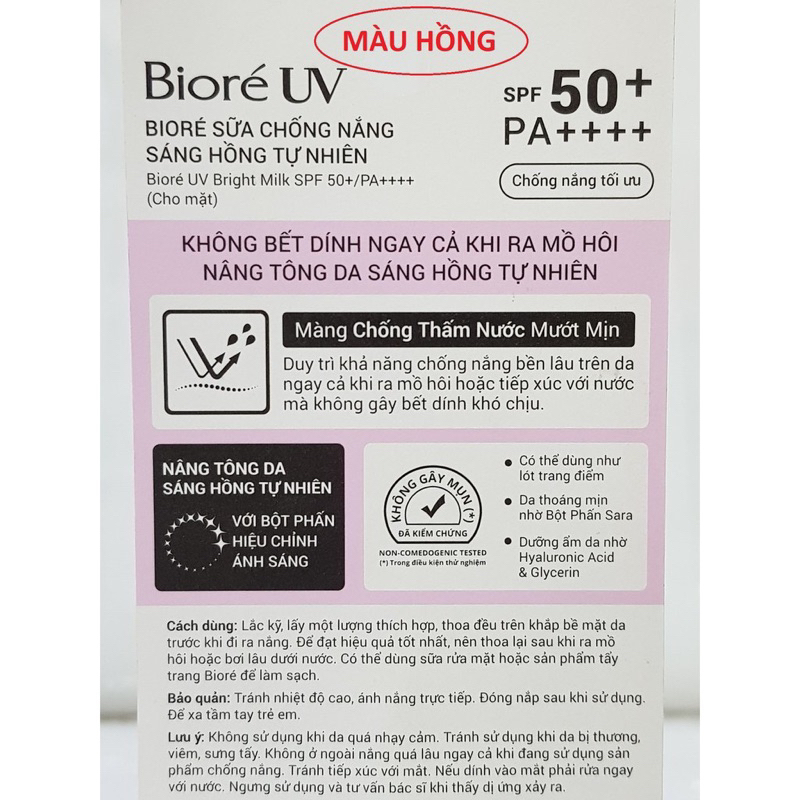 Kem Chống Nắng Biore Bright Milk SPF 50+ 30ml Hồng(Dành Cho mặt)