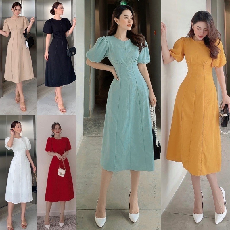 [ HÌNH CHỤP THẬT 100%]ĐẦM DẠO PHỐ CÔNG SỞ DỰ TIỆC TAY BỒNG VIỀN SỌC NHIỀU MÀU CC
