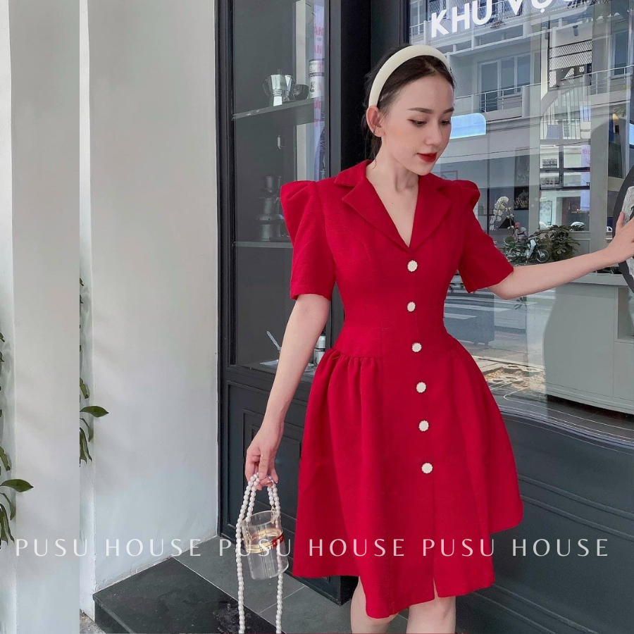 [ HÌNH CHỤP THẬT 100%]Váy Dự Tiệc Công Sở DẠO PHỐ Cổ Vest Xòe Phối Nút 3 Màu