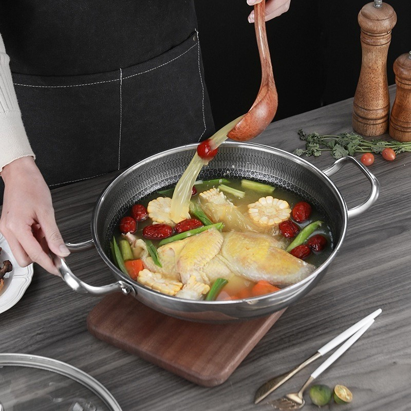 Chảo Tổ Ong Đáy Phẳng 2 Quai, Chống Dính Sâu Lòng, Size 28 cm, mồi inox Phù Hợp Với Mọi Loại bếp inox 304 siêu bền