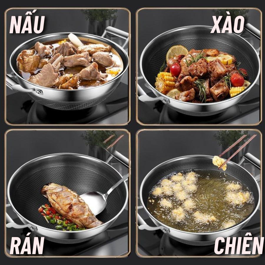 Chảo Tổ Ong Đáy Phẳng 2 Quai, Chống Dính Sâu Lòng, Size 28 cm, mồi inox Phù Hợp Với Mọi Loại bếp inox 304 siêu bền